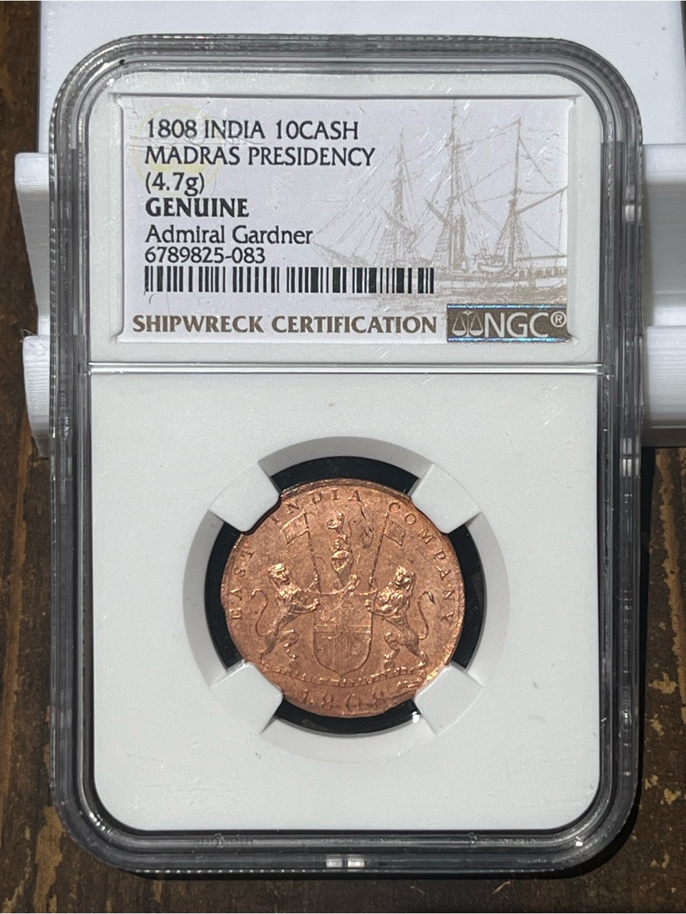 shipwreck certification 1808 Indian 10 cash madras president 4.7G Admiral Grdner